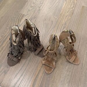 Ladies size 8.5 fringe open toe heels. 2 pair - taupe and beige